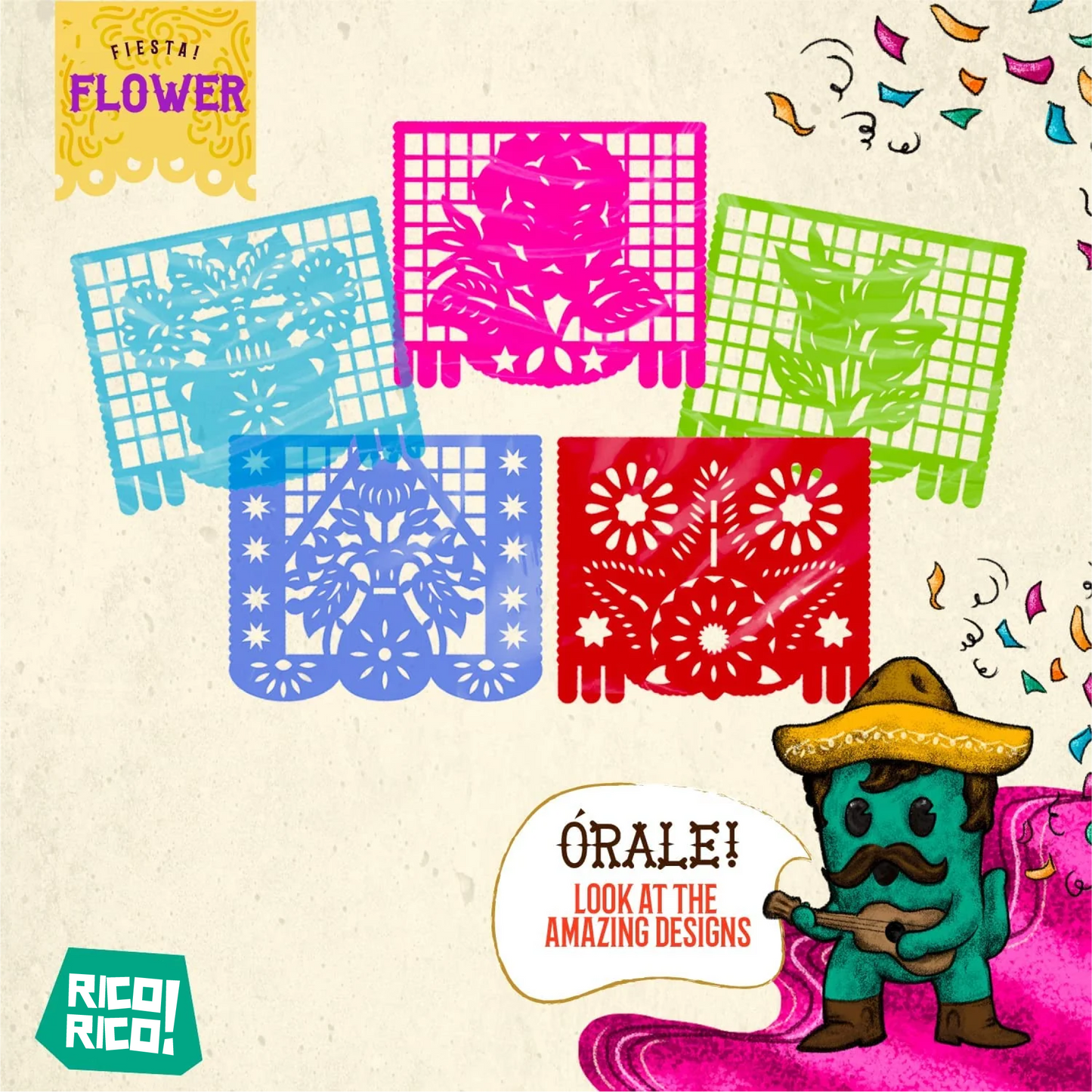 Flower Mexican Party Decorations, Plastic Papel Picado Banner